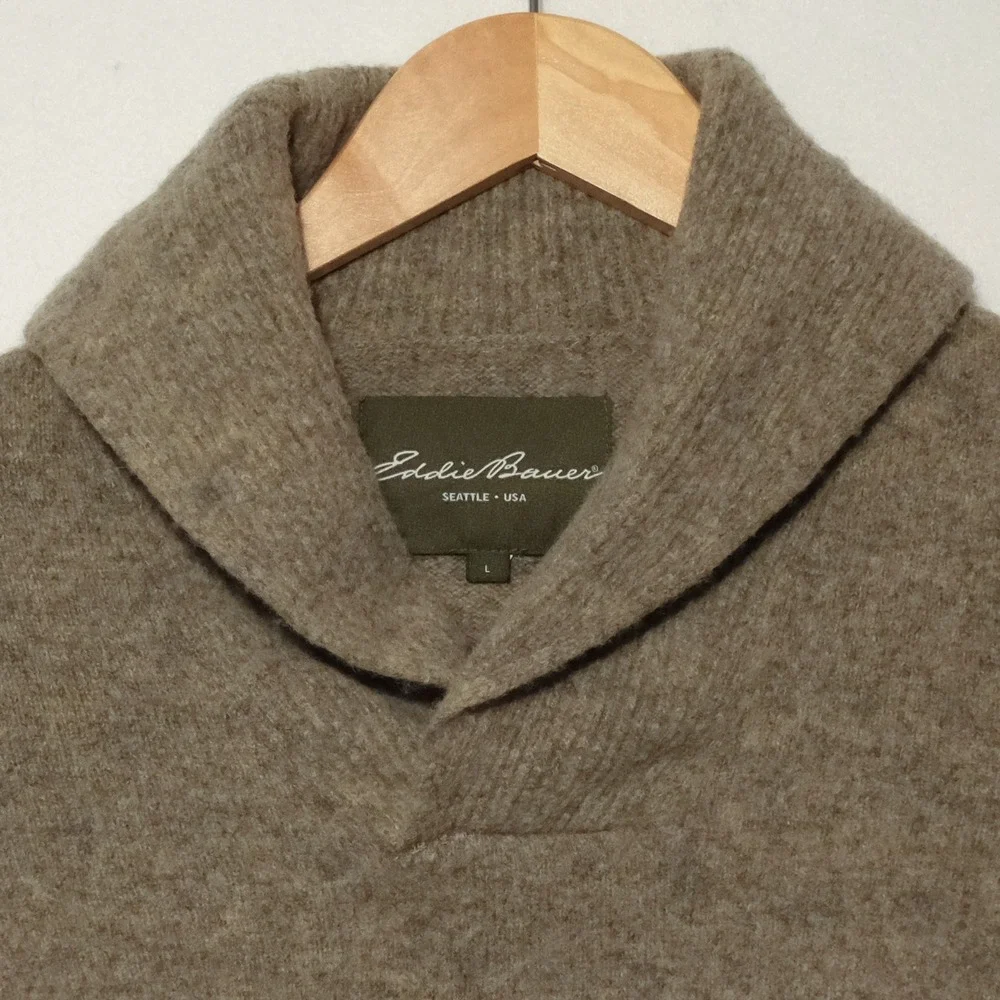 VTG Eddie Bauer Sweater Mens L 100% Lambswool Shawl Collar Academia Tan Heather